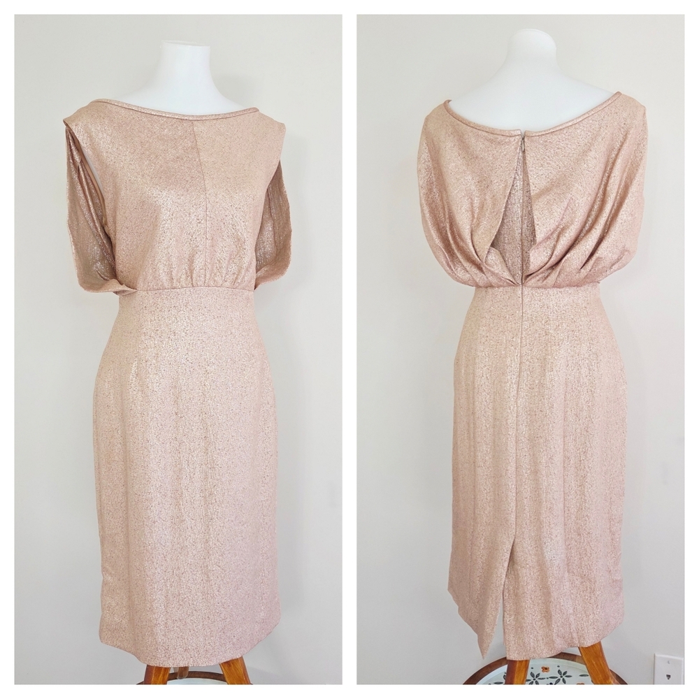 Barabara Tfank Brocade Rose Gold Blouson Sheath Dress Size 8
